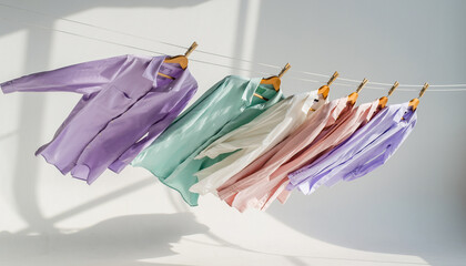 Pastel shirts gently sway on a sunny outdoor clothesline, bathed in natural light, casting soft shadows against a clean wall, evoking freshness and peaceful domesticity on a bright day
