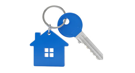 Blue house key with keychain isolated on transparent background