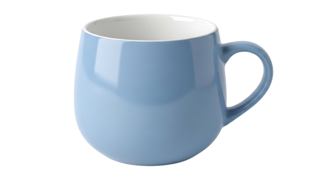 Charming light blue ceramic mug with a comfortable handle, isolated on transparent background