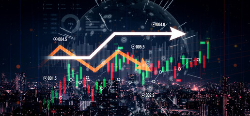 Stunning abstract finance background showcasing stock market trends and candlestick charts over a vibrant city skyline, highlighting digital data visualization at night. Scalp