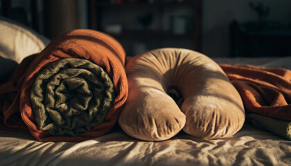 Cozy Bedside Arrangement Rolled Blanket and Neck Pillow on Linen