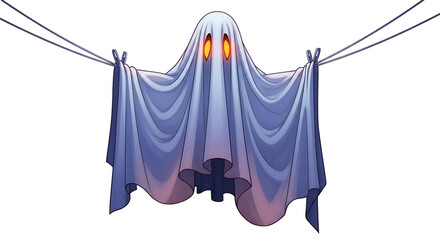 Cartoon ghost hanging on a clothesline with glowing eyes isolated on transparent background