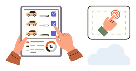 Hands selecting cars on digital checklist with percentage chart touchscreen action icon on display. Ideal for user interaction, decision-making, car selection, online platforms, data review