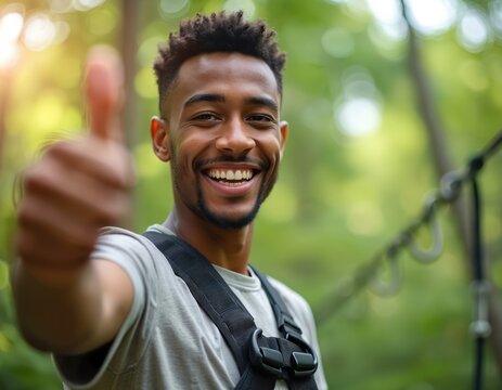 Young multiracial man gives thumbs up. He wears safety harness, smiles, ready for ziplining adventure in forest. Man looks happy, excited for outdoor activity.