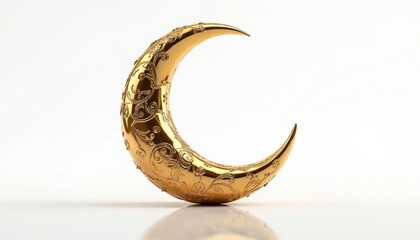Golden crescent moon with intricate patterns sits on a white surface. This elegant symbol represents Islamic holidays and celestial events, ideal for religious or astrological themes.