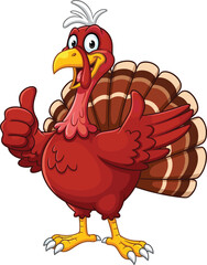 Cartoon turkey giving thumbs up, Thanksgiving character illustration, festive bird design, smiling pose, autumn holiday mascot, vector artwork