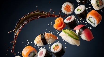 Assortment of delicious sushi and sashimi floating in the air with a splash of soy sauce