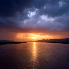 Obraz premium Sunset Serenity Rain-Kissed River Reflecting the Last Light of Day Before a Storm