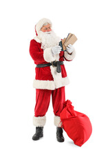 Santa Claus with bag and Christmas letters isolated on white background