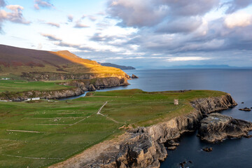 Aerial view of the coast at Malin Beg at the Napoleonic Signal Tower - County Donegal, Ireland