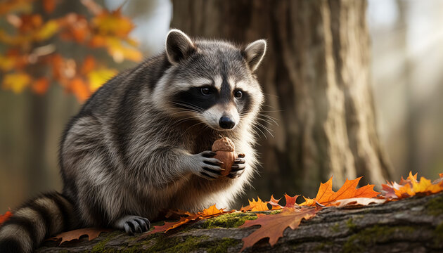Raccoon sitting on log holding acorn among autumn leaves