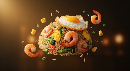 Savory Asian shrimp fried rice with a sunny-side-up egg and fresh vegetables, featuring levitating ingredients on a warm, dark background