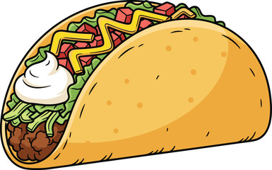 Cartoon taco with toppings, Mexican food illustration, ground beef, lettuce, tomato, cheese, sour cream, vector artwork, tasty snack design