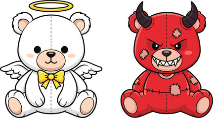 Cartoon teddy bear duo, angel and devil contrast, cute character design, good vs evil theme, vector illustration, playful concept artwork