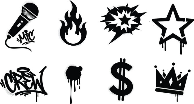 Set of black graffiti style icons for urban culture design.