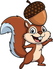 Cartoon squirrel balancing acorn, cheerful forest animal character, playful pose, big smile, animated vector illustration, fun wildlife artwork design
