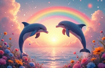 Obraz premium Two dolphins leap over water at vibrant sunset. Rainbow arcs behind. Flowers bloom near ocean. Image evokes dreamlike serenity, capturing peace and joy of seascape with marine mammals wildlife.