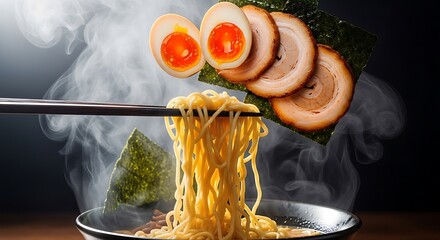 Delicious steaming ramen noodles being lifted with chopsticks from a bowl, garnished with sliced pork and half-boiled eggs, steam rising from the dish