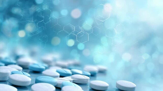 Assorted blue and white pills lie on a glossy table, symbolizing pharmaceutical innovation and healthcare solutions. Abstract bokeh and hexagonal shapes evoke a scientific and clinical atmosphere