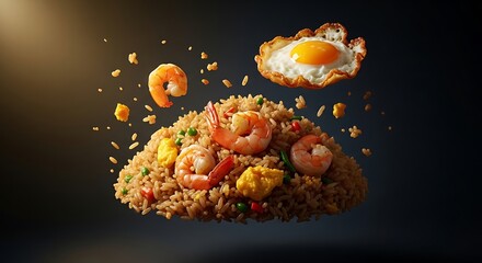 Delicious shrimp fried rice with a fried egg, artfully arranged in a dramatic floating composition against a dark background, perfect for food blogs and culinary art