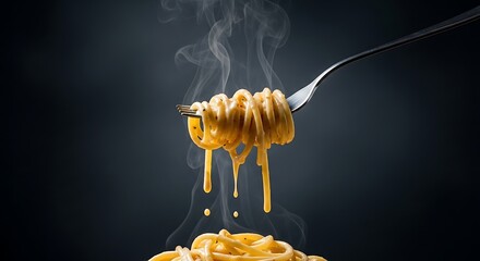 Close-up of steaming hot pasta with melted cheese dripping from a fork against a dark background, an appetizing culinary delight