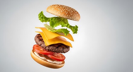 A delicious and appetizing floating hamburger with all its ingredients suspended in mid-air against a clean white background, perfect for food advertising