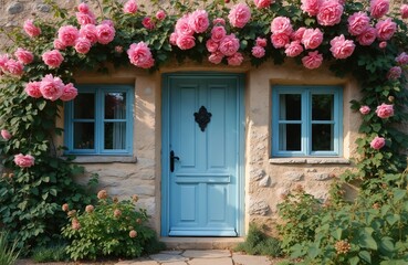 Facade of stone house with blue door, windows, pink rose bush around entrance. Summer day in european village. Charming rural scene with flowers near building outdoor. Travel destination, nature.