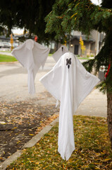 Halloween Ghost Decorations Hanging from Tree Outdoors