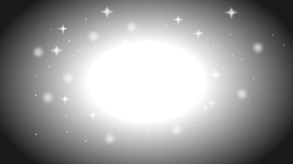 Abstract monochrome background featuring a bright central glowing light surrounded by shimmering sparkles and stars.