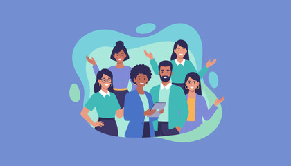 Diverse team of six smiling professionals in a modern business illustration representing collaboration