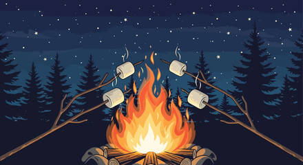 Marshmallows roasting over a campfire under a starry night sky in the forest.