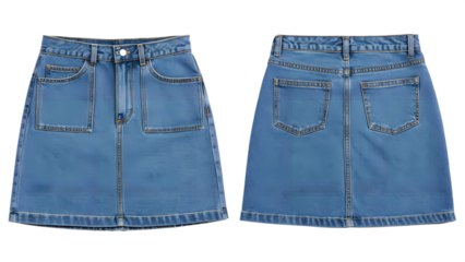 Front and back view of denim skirt isolated on white background