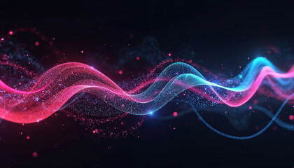 Obraz premium Abstract glowing waves of pink and blue particles flow across dark background. Digital data streams pulse with light. Futuristic network concept with bright energetic motion.