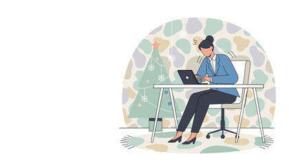 Woman stressed working on laptop during Christmas holidays Deadline pressure illustration