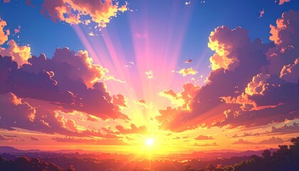 aesthetic bus stop illustration with dreamy sunset, vast painted 