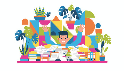 Obraz premium Burnout concept Stressed worker drowning in paperwork and files under huge workload