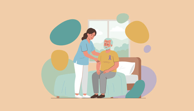 Caregiver supports elderly man with awareness ribbon in bed Senior home health and compassion - Powered by Adobe