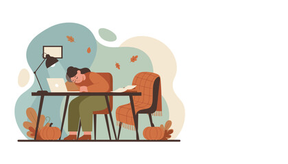Exhausted woman sleeps on laptop at desk in cozy autumn home office Remote work burnout concept