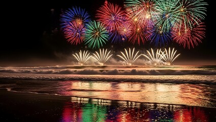 Colorful explosions illuminate the night sky above a calm ocean shore during a celebration