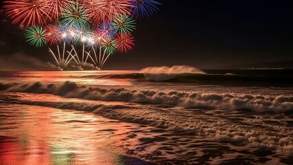 Colorful fireworks illuminate a dark sky over a crashing ocean during a celebration