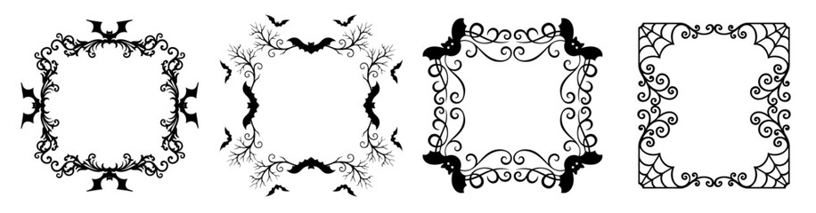 Halloween square frame made with bats and cobwebs, collection of flying bats and web borders