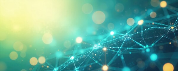 Abstract blue green background with glowing network of connected nodes. Digital data structure represents modern technology, communication. Futuristic plexus backdrop with bokeh lights ideal for