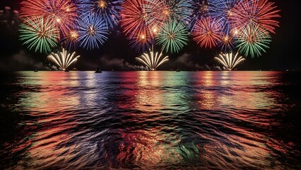 Colorful fireworks burst over dark water, reflecting the vibrant display