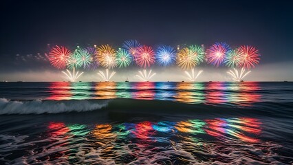 Colorful fireworks burst over the ocean with reflections in the water under a dark night sky