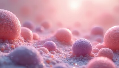 Abstract pink spherical cells in macro. Scientific backdrop with sphere structure. Biology healthcare design. Medical illustration for biotech, medicine, science. Microscopic detail.