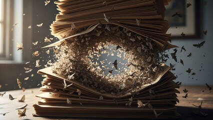 Stacked aged books with a central void teeming with flying insects, rustic wooden table