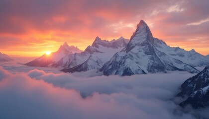 Snowy mountains rise above clouds at sunset. Orange sky and sun create dramatic light on peaks. Winter landscape panorama offers peaceful atmosphere. Cold air. High elevation.