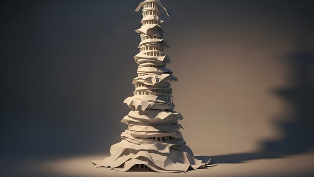 A tall, abstract sculpture of paper. The artwork is built from crumpled and folded sheets - Powered by Adobe