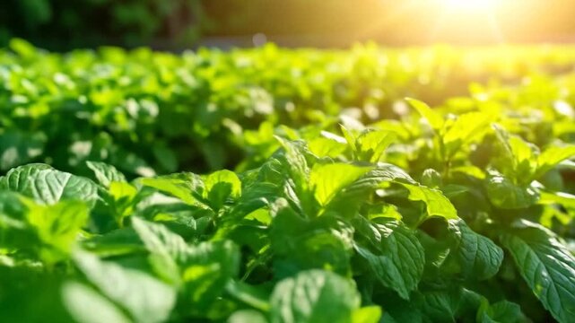 Rows Of Lush Green Mint Plants Growing In A Garden Bed Under Bright Golden Sunlight.