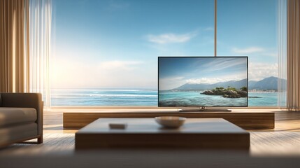 Fototapeta premium Modern living room with ocean view and television.